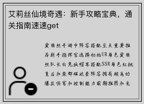 艾莉丝仙境奇遇：新手攻略宝典，通关指南速速get